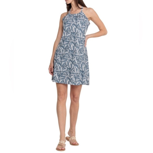 Eddie Bauer Womens Harmony Athletic Dress Blue/Gray White Tropical Leaf Print L - Picture 1 of 9